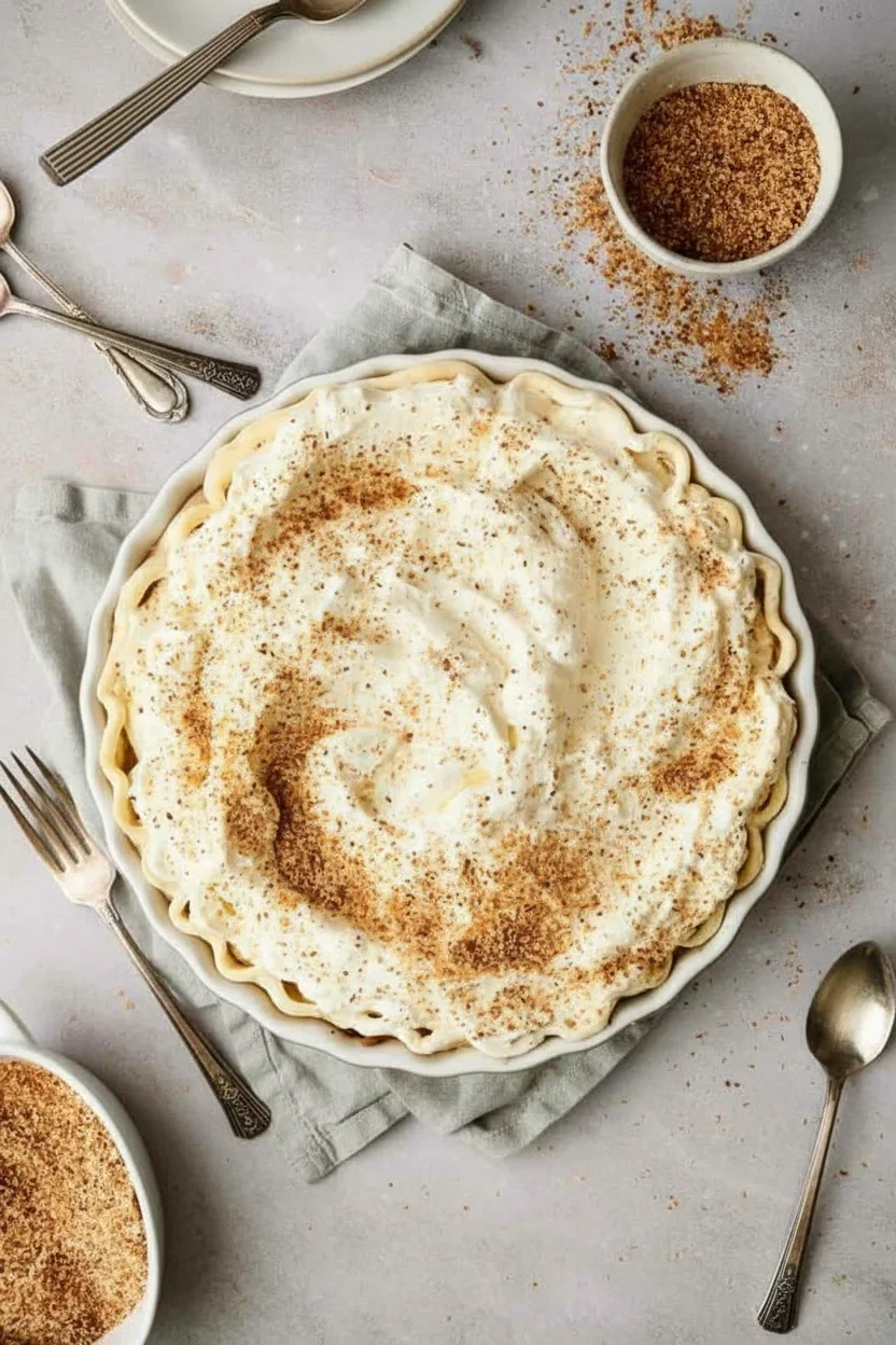 A round pie dish filled with creamy dessert topped with crumbled cookies or graham crackers, on a light surface.
