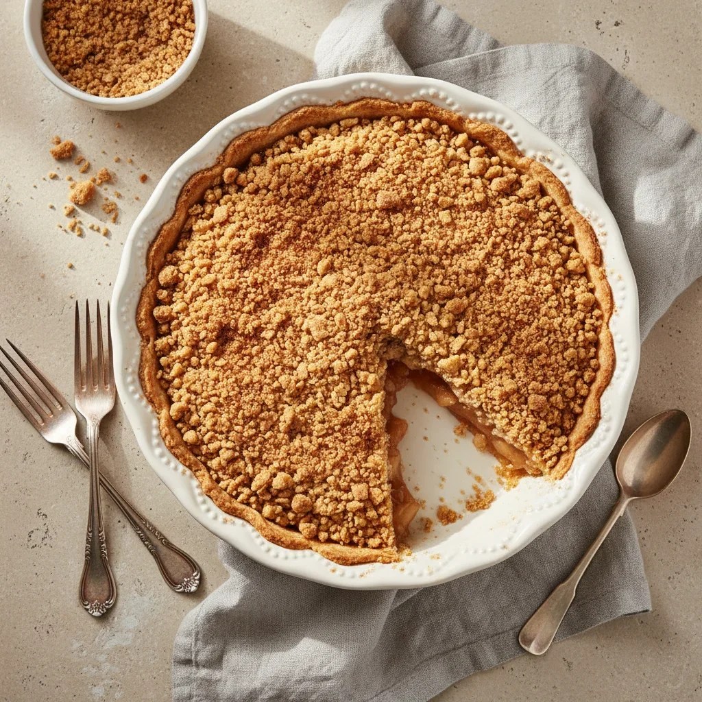 Apple pie with crumb topping in a white dish with a slice taken out, displayed with utensils and topping bowls.