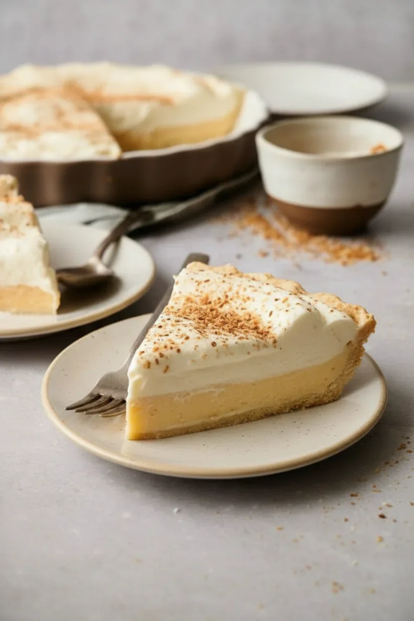 A slice of creamy layered dessert with whipped cream and cinnamon on top, served on a light surface with dessert in the background.