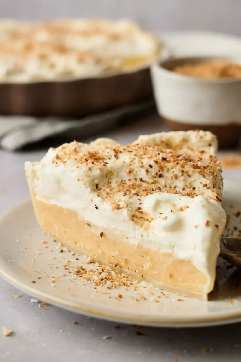 A slice of lemon pie with a graham cracker crust, topped with whipped cream and toasted coconut flakes.