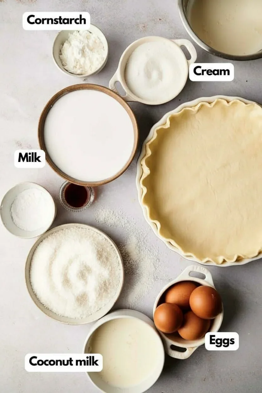  assortment of ingredients for a pie including crust, eggs, milk, coconut, and sugar arranged on a surface.