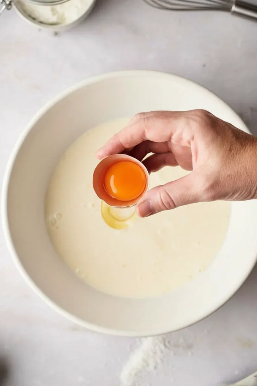 A hand cracking an egg into a white mixing bowl with batter, focusing on the egg and hand.