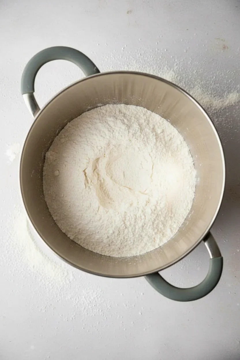 Mixing bowl filled with white flour on a light surface, with some flour spilled around.