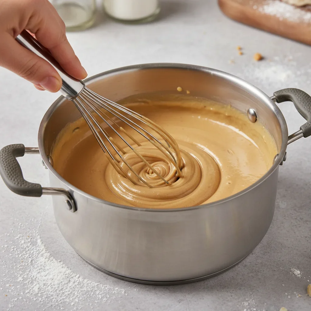Person whisking a smooth, light brown batter or sauce in a pot on a grey countertop.
