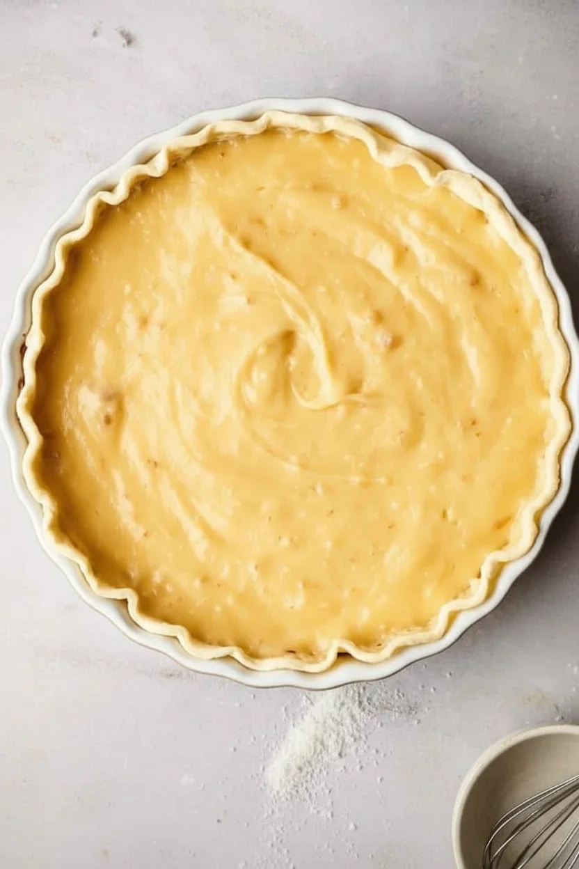 Unbaked custard filling in a decorative pie crust in a white ceramic dish, ready for baking.