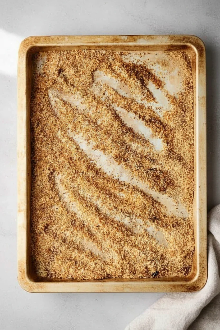 Rectangular dish with evenly spread golden-brown bread crumbs or cracker crumbs, prepared for baking.