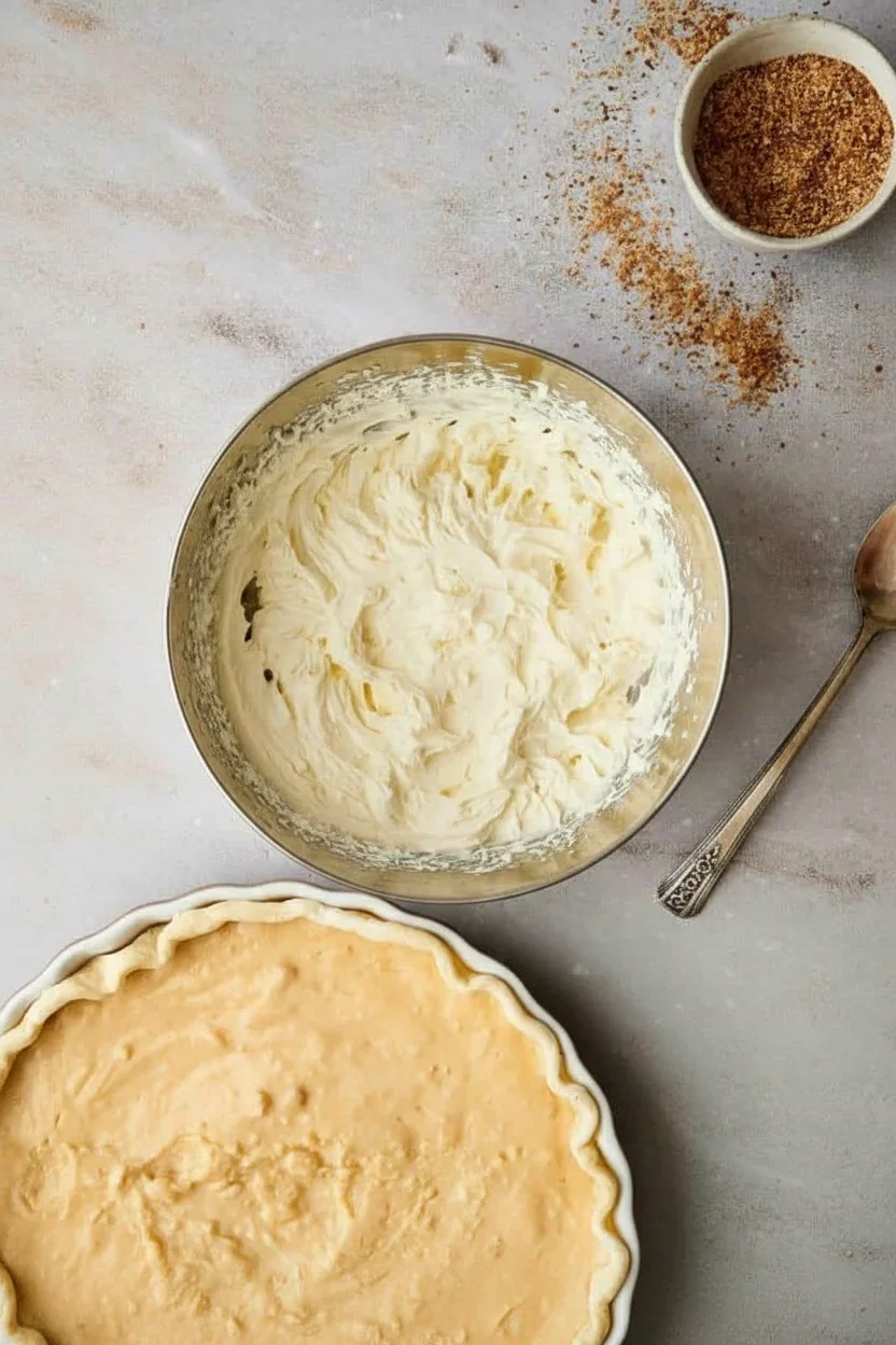 Pie crust in a dish, mashed potatoes or whipped cream, and a bowl of breadcrumbs on a light surface.