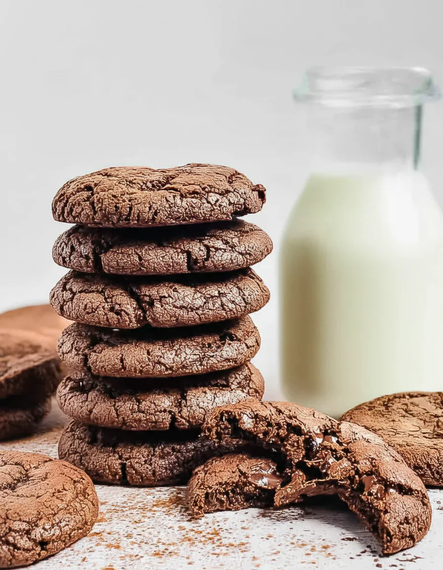Stack of chocolate cookies with cracked surfaces and melting centers, with a milk jug in the background.