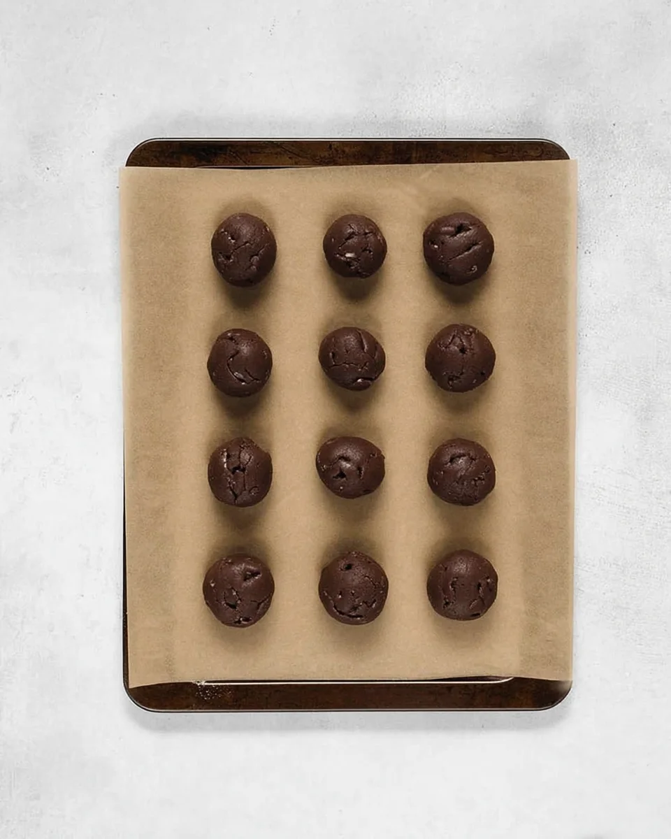 Double chocolate chip cookie dough balls on a prepared baking sheet.