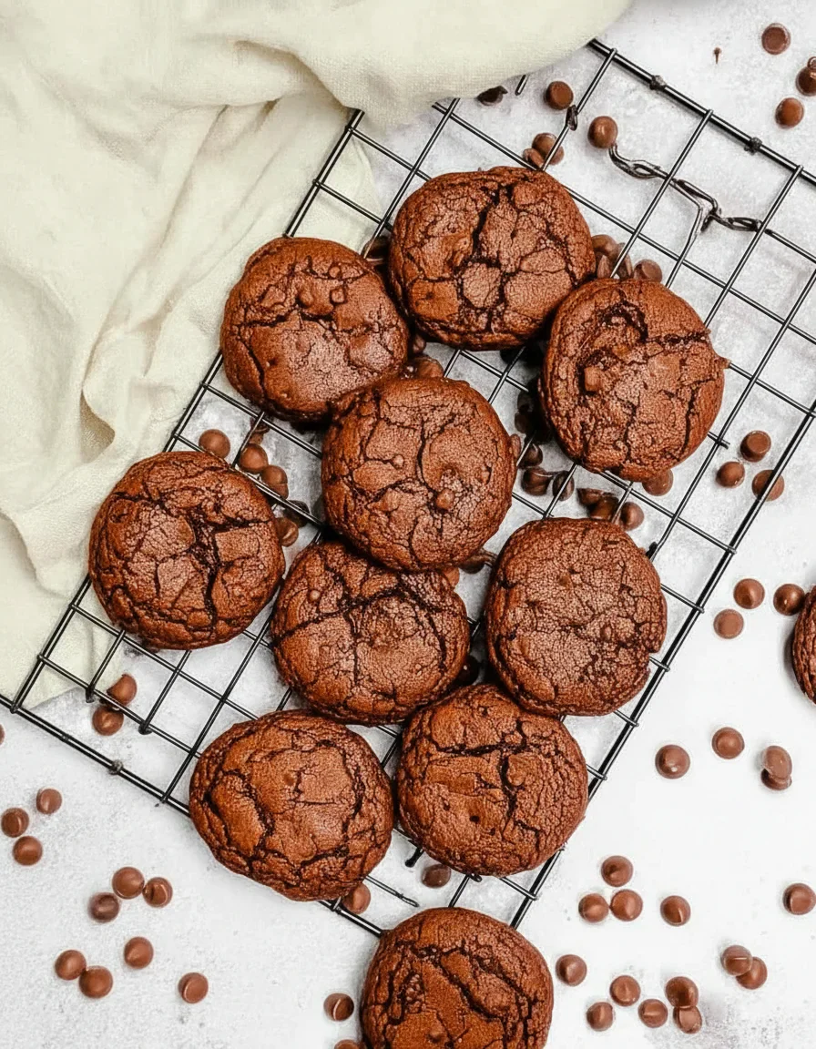 A rack with freshly baked chocolate cookies, with cracked surfaces and scattered chocolate chips around.