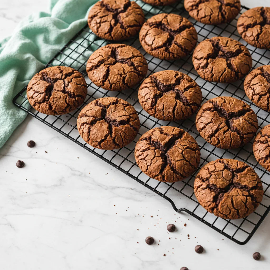 A batch of chocolate crinkle cookies with cracked tops cooling on a wire rack, scattered with chocolate chips.