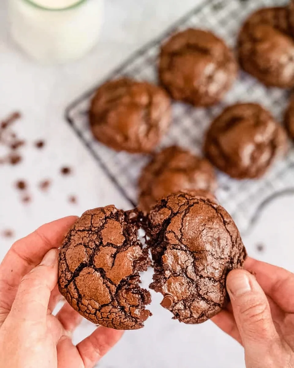 Someone breaking a double chocolate chip cookie in half.