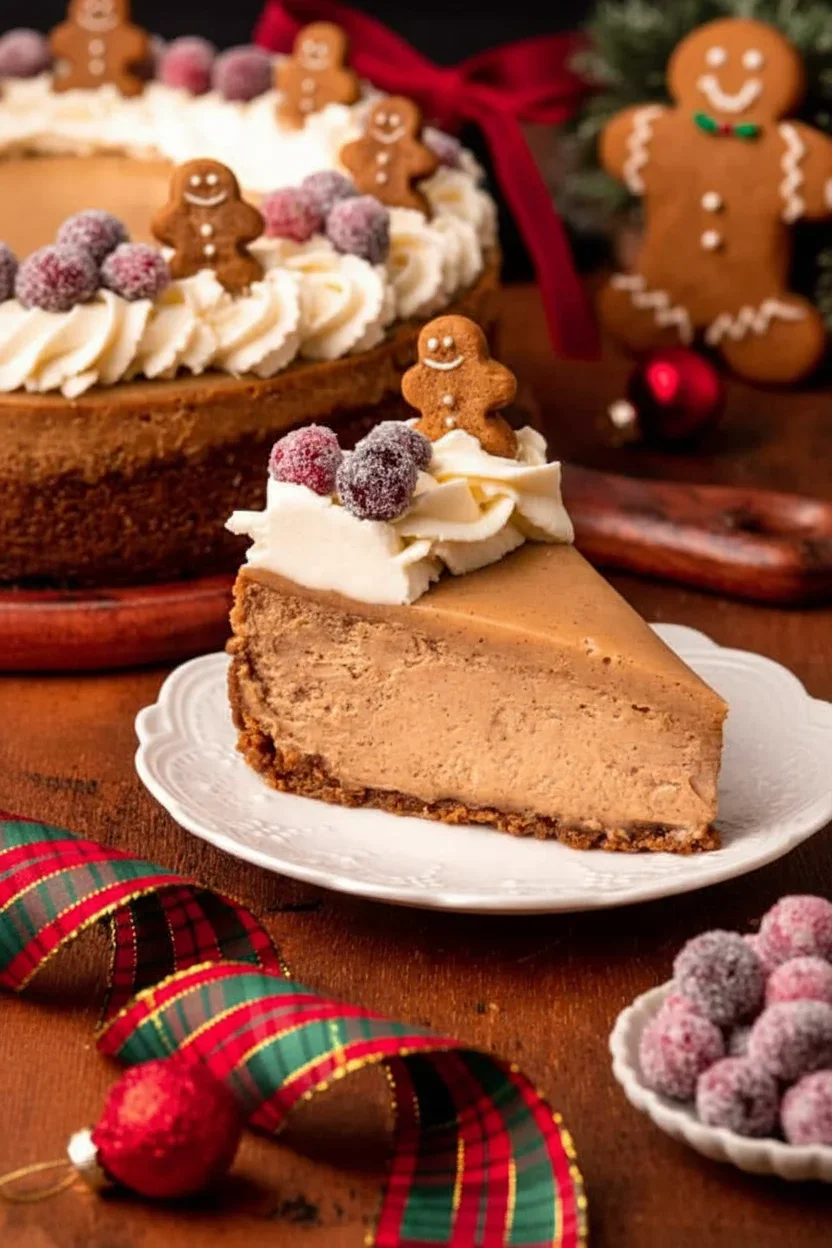 Gingerbread-Cheesecake-12-683x1024.jpg A slice of pumpkin pie with whipped cream, gingerbread cookie, cranberries on a white plate, festive background