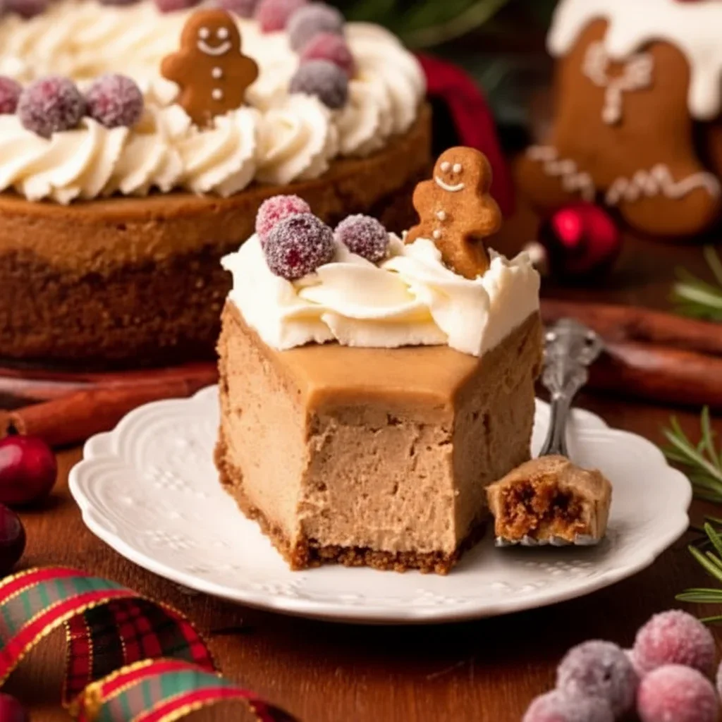 Gingerbread-Cheesecake-16-300x300.jpg A slice of cheesecake topped with whipped cream, berries, and a gingerbread man cookie on a white plate.