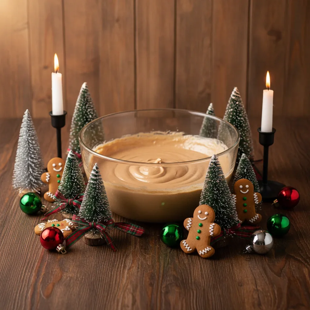 Gingerbread-Cheesecake-3-683x1024.jpg A bowl of batter surrounded by Christmas decorations, cookies, and candles on a wooden surface.