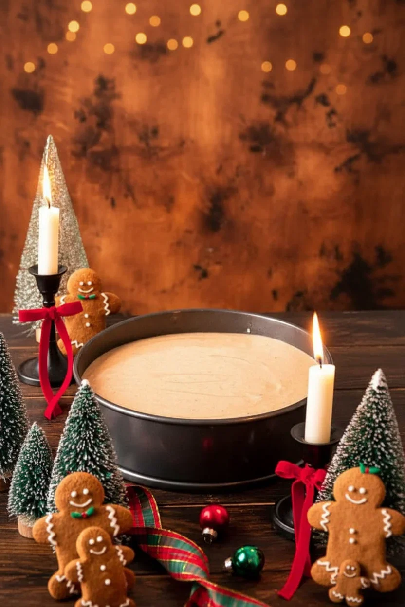 Gingerbread-Cheesecake-4-683x1024.jpg A baking pan with batter on a wooden table, surrounded by festive decorations and candles.