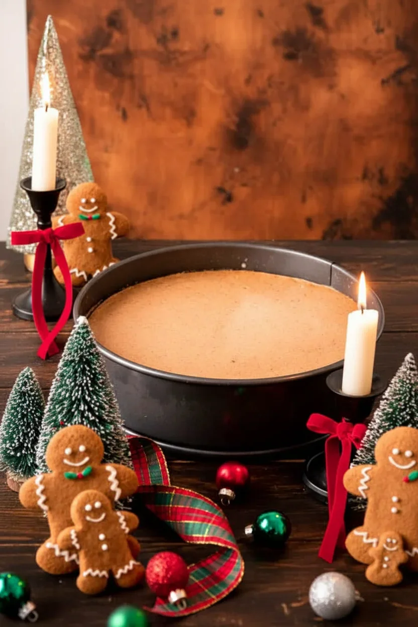 Gingerbread-Cheesecake-5-683x1024.jpg A round baking pan filled with a baked dessert, decorated with Christmas ornaments, cookies, candles, and trees.