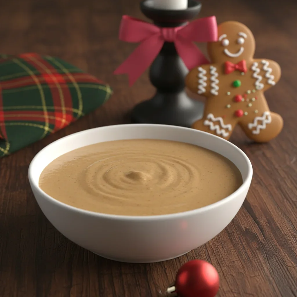 Gingerbread-Cheesecake-6-683x1024.jpg Creamy light brown soup in a white bowl on a dark wood surface, holiday decorations around.