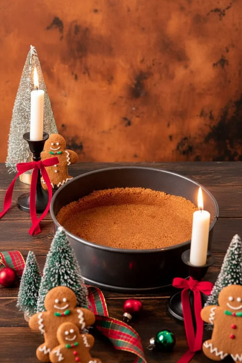 Gingerbread-Cheesecake-683x1024.jpg Springform pan with crumbly crust, Christmas decorations, gingerbread figures, and lit candles on a wooden table.
