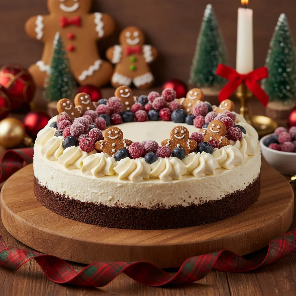 Gingerbread-Cheesecake-7-683x1024.jpg Festive cheesecake decorated with gingerbread cookies and frosted berries on a wooden table with holiday decorations.