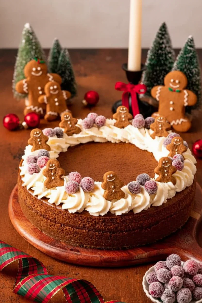 Gingerbread-Cheesecake-8-683x1024.jpg Festively decorated Christmas cake with gingerbread men, berries, and holiday ornaments on a wooden table.