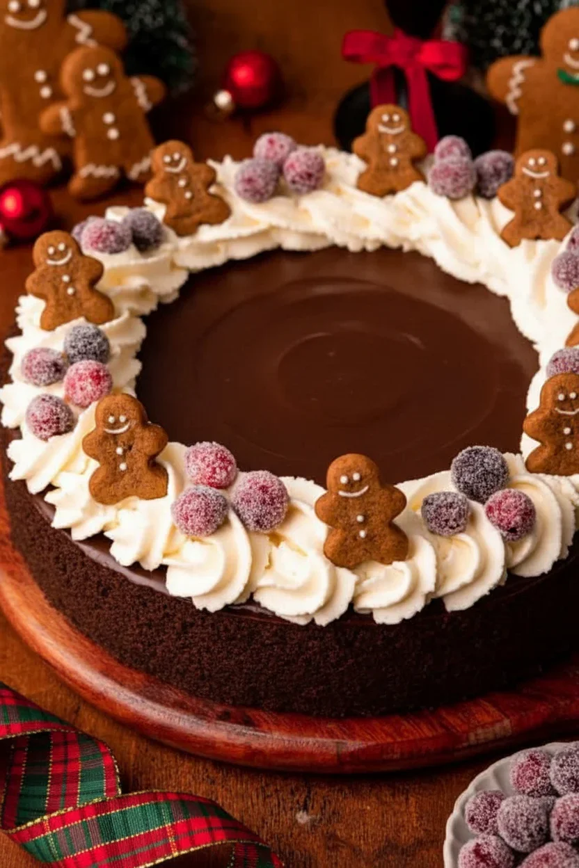Gingerbread-Cheesecake-9-683x1024.jpg Chocolate cheesecake decorated with whipped cream, gingerbread cookies, and sugared berries for Christmas.