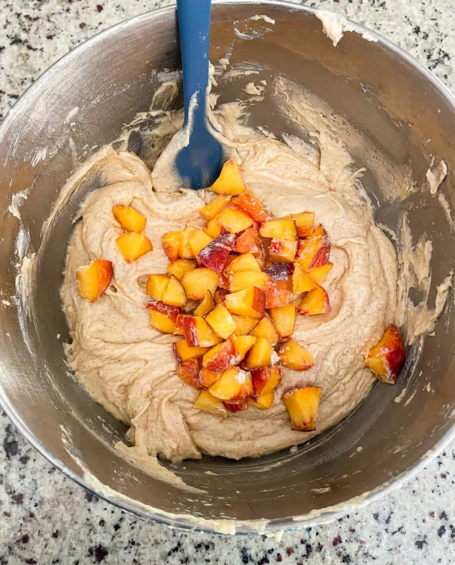 stainless steel mixing bowl with pale batter and diced peaches, blue spatula resting inside
