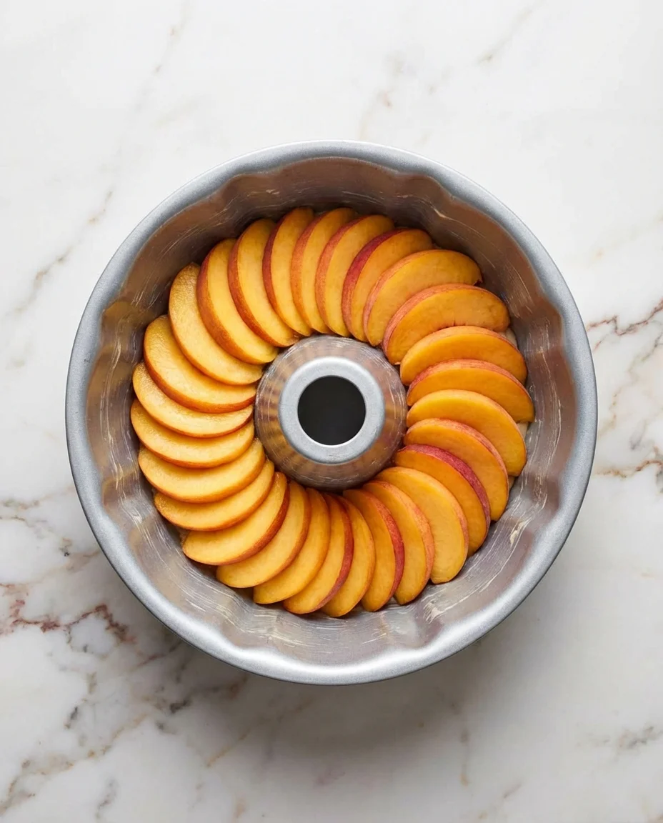 top-down view of peach slices arranged in a circular ring inside a metal Bundt pan on a speckled countertop