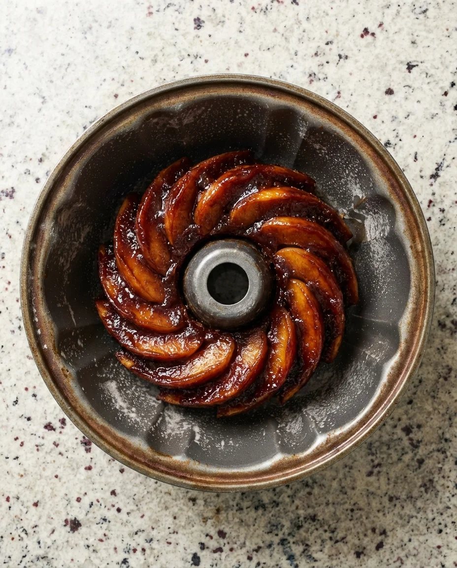 top-down view of a bundt cake with glossy glaze and peach slices inside a pan