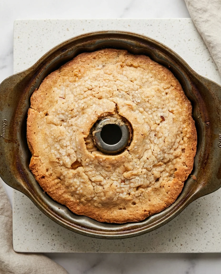 Pale golden bundt cake with a cracked top in a round metal pan on a speckled granite countertop.