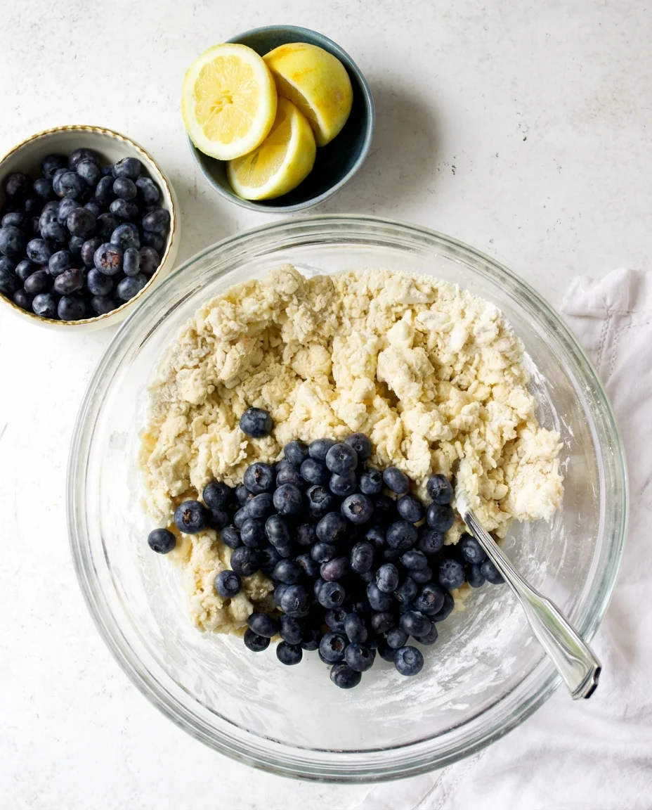 Overhead view of blueberry-studded dough in a glass bowl with lemon wedges nearby.