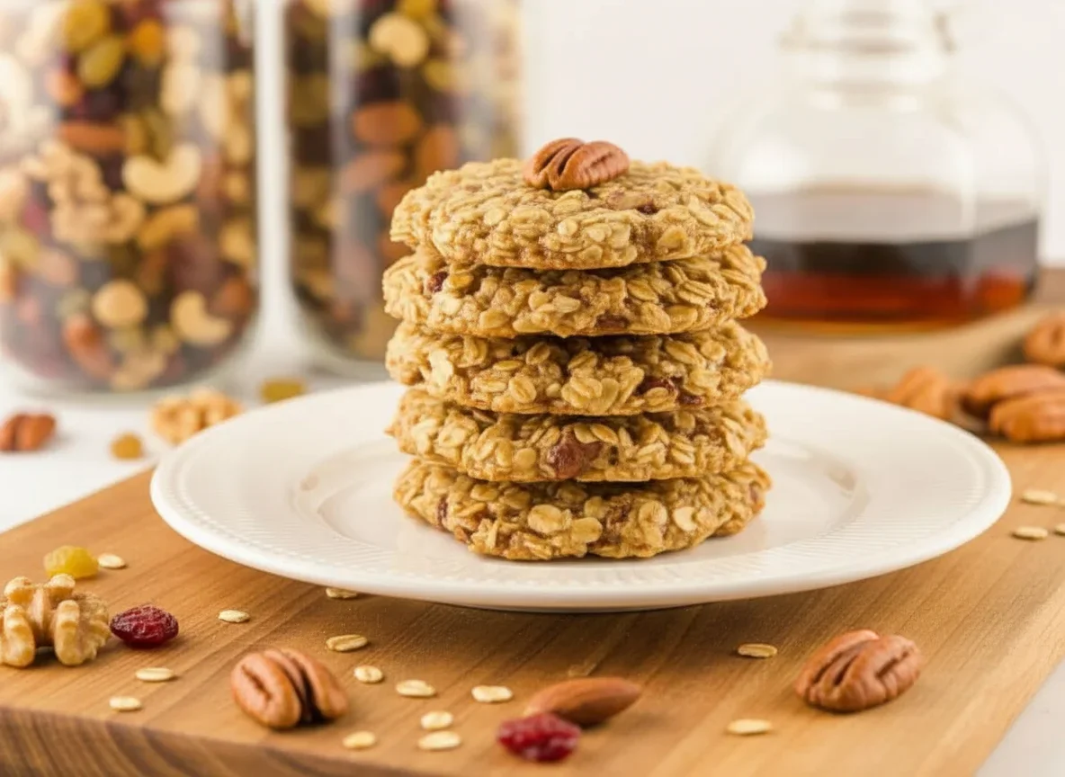 Stack of golden brown granola cookies with nuts on a white plate, with jars of ingredients in the background.