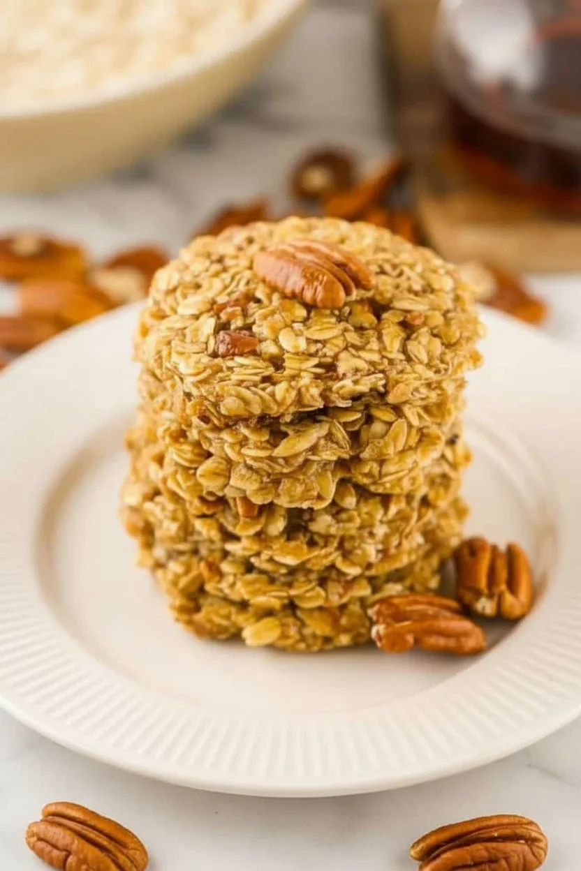 Two stacked oat cookies with pecans on a white plate, with scattered pecans in the background.