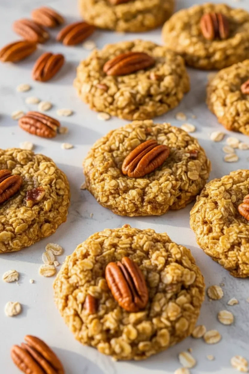 Golden oatmeal cookies topped with chopped pecans, displayed on a white background.