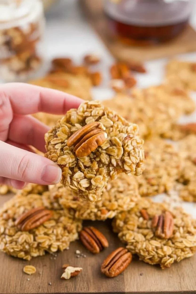 Close-up of a hand holding a homemade granola bar with oats and pecans, with more bars in the background.