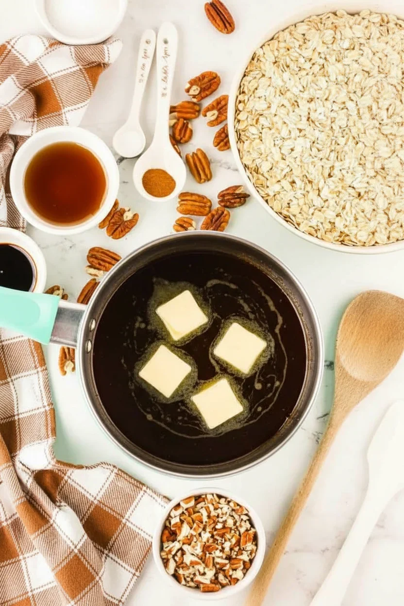 Ingredients and tools for baking, including oats, pecans, syrup, butter, and measuring spoons on a white countertop.