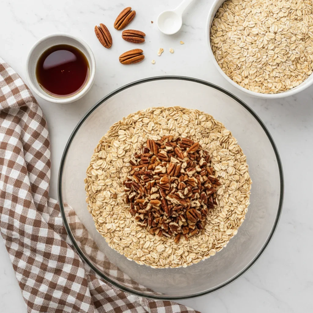 A glass bowl of oats and chopped pecans with syrup, scattered pecans, and utensils on a marble countertop.