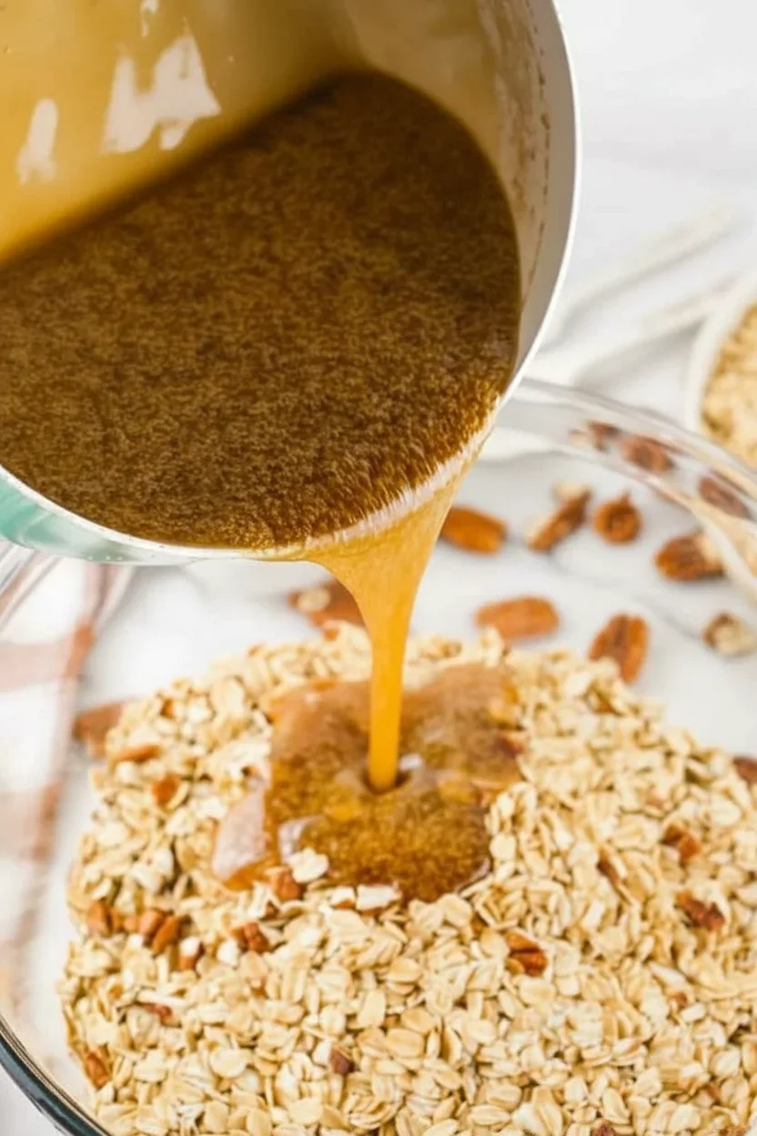 Golden sauce being poured over oat and nut mixture in a glass dish, with scattered ingredients around.