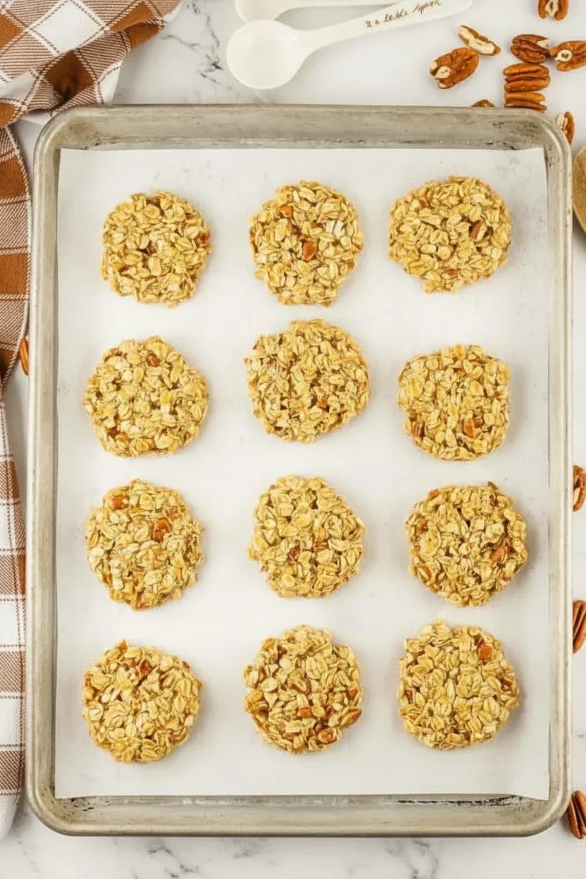 Batches of round, golden-brown granola cookie clusters on parchment paper, with scattered pecans and a measuring spoon nearby