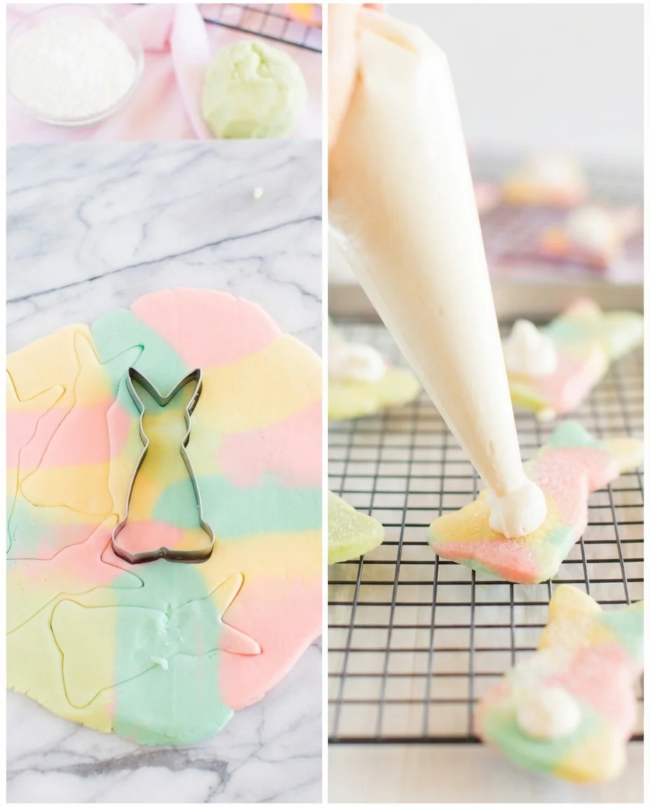 Two-panel image of pastel iced cookies: bunny-cutout on marble, and star cookies being piped on a cooling rack.
