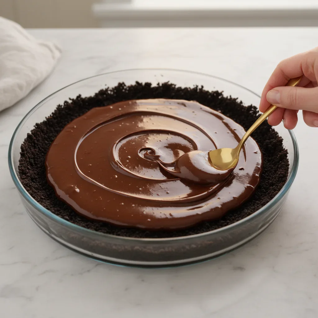 Mississippi-mud-pie-11-682x1024.jpg Hand spreading glossy chocolate over an Oreo crust in a glass baking dish on a grey surface.