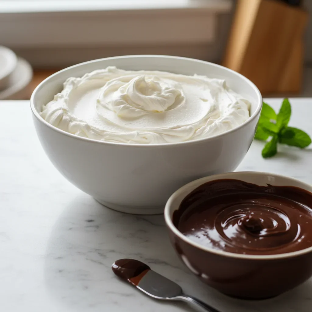 Mississippi-mud-pie-15-682x1024.jpg Two bowls of whipped white cream and glossy chocolate frosting on a light marble surface.