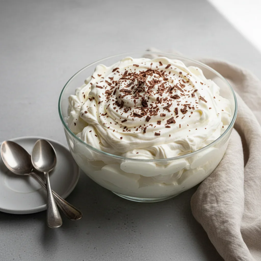 Mississippi-mud-pie-17-682x1024.jpg Creamy dessert in a glass bowl topped with grated chocolate, on a light surface with spoons and a napkin.