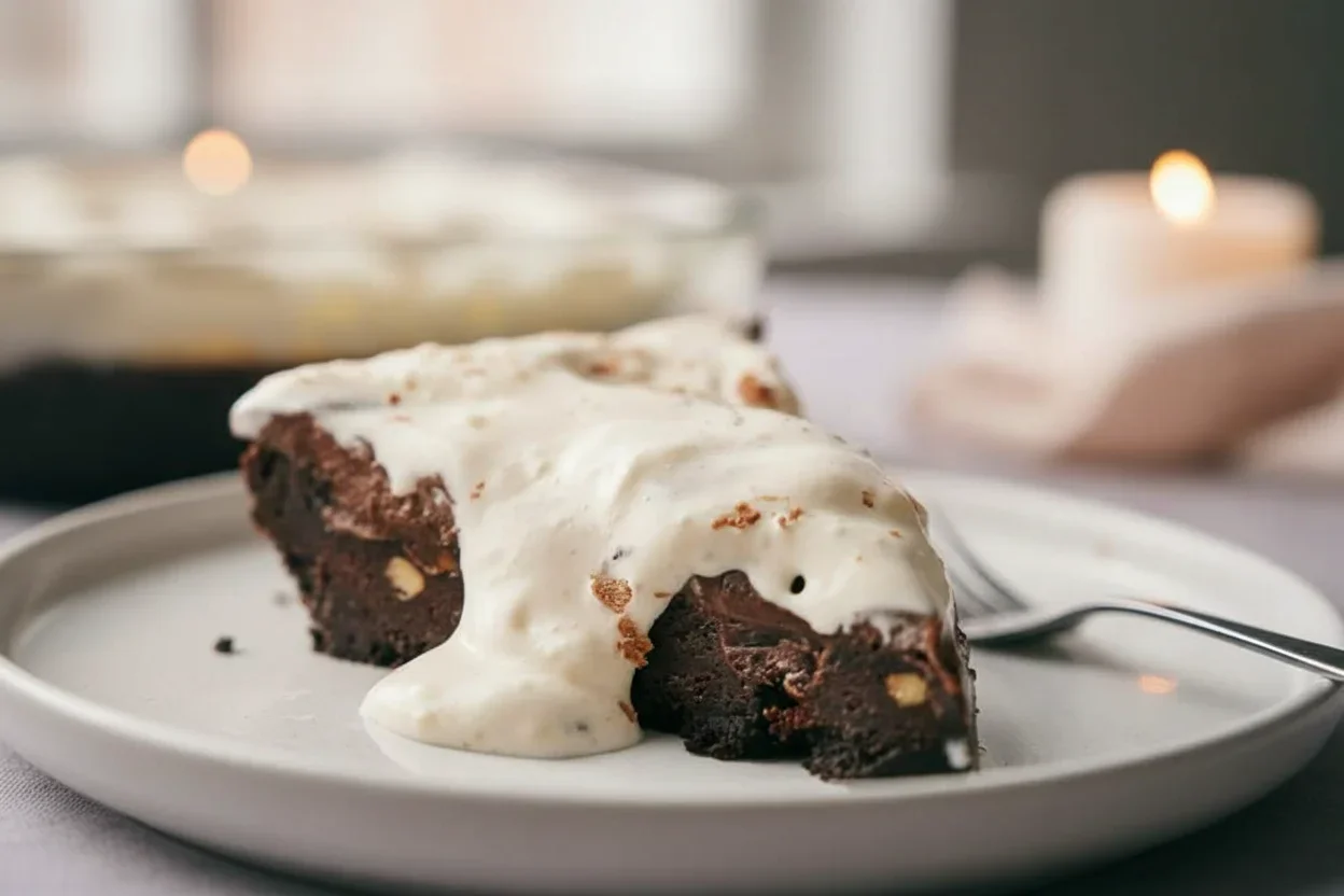 Mississippi-mud-pie-21-1024x681.jpg Rich chocolate dessert with white frosting on a white plate, nuts visible inside.