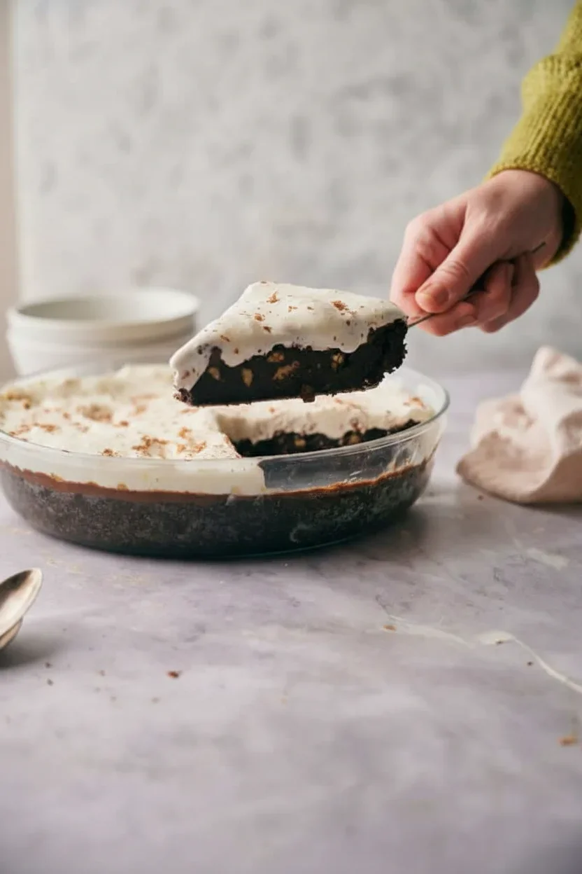 Mississippi-mud-pie-22-682x1024.jpg Person lifting a slice of rich chocolate cream pie with whipped topping from a glass pie dish on a gray countertop.