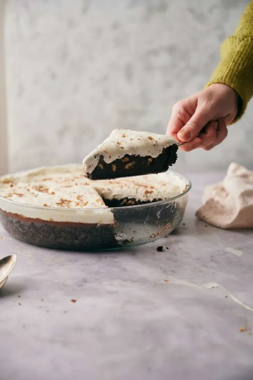A slice of layered dessert with a dark crust and creamy top with cinnamon, being lifted from a glass pie dish.