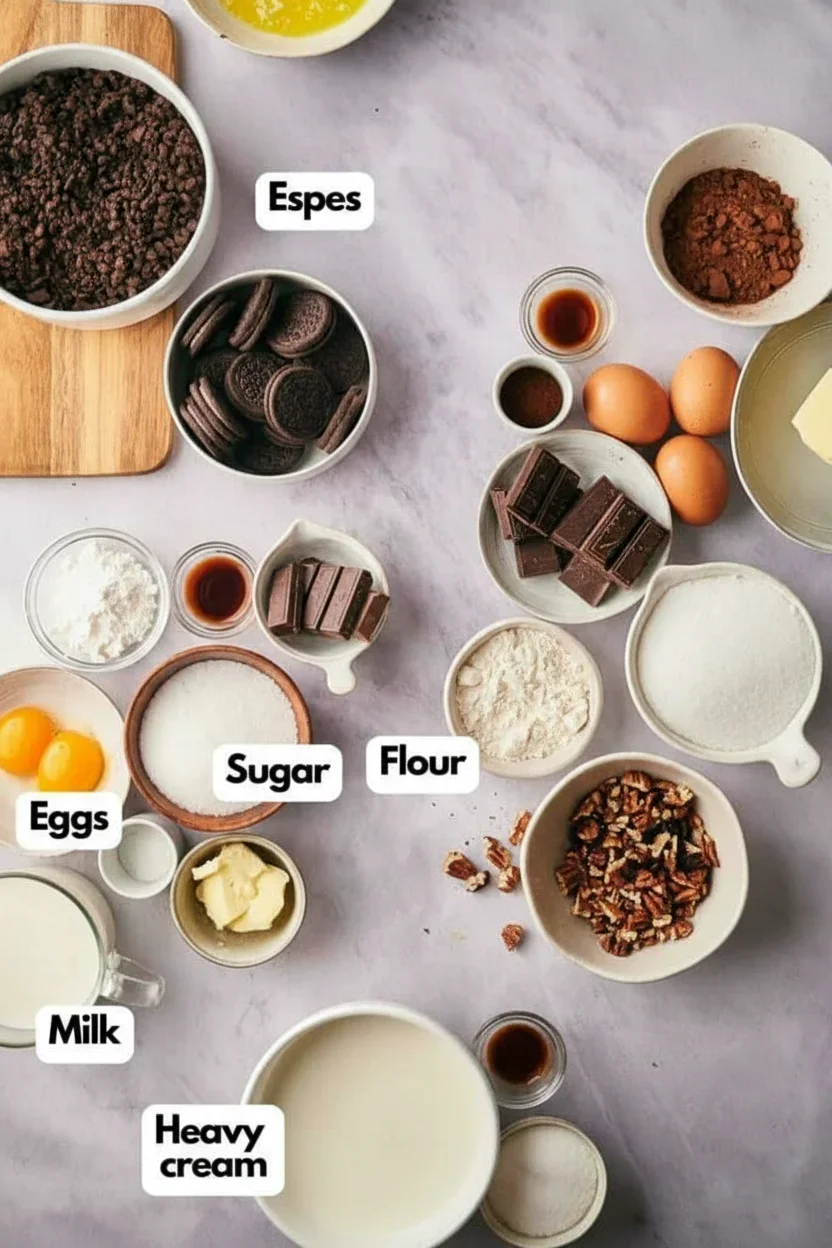 Mississippi-mud-pie-26-683x1024.jpg Array of baking ingredients including chocolate, eggs, sugar, flour, and vanilla labeled clearly on a light gray background.