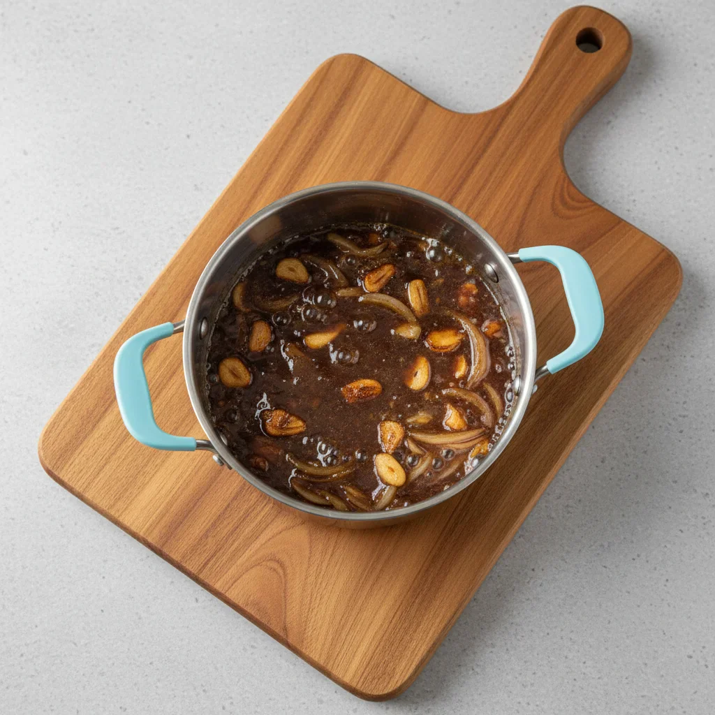 Mississippi-mud-pie-3-682x1024.jpg A round metal pot with handles on a wooden cutting board, filled with dark bubbling sauce and bits of garlic.