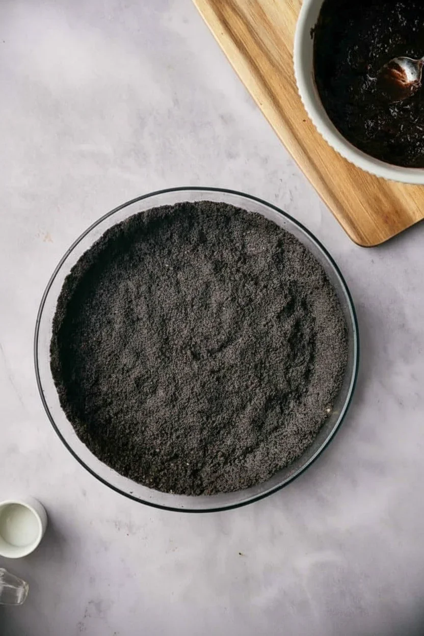 Mississippi-mud-pie-4-681x1024.jpg Glass dish filled with dark, finely crumbed mixture, on a light marble surface with a wooden board and bowl nearby.