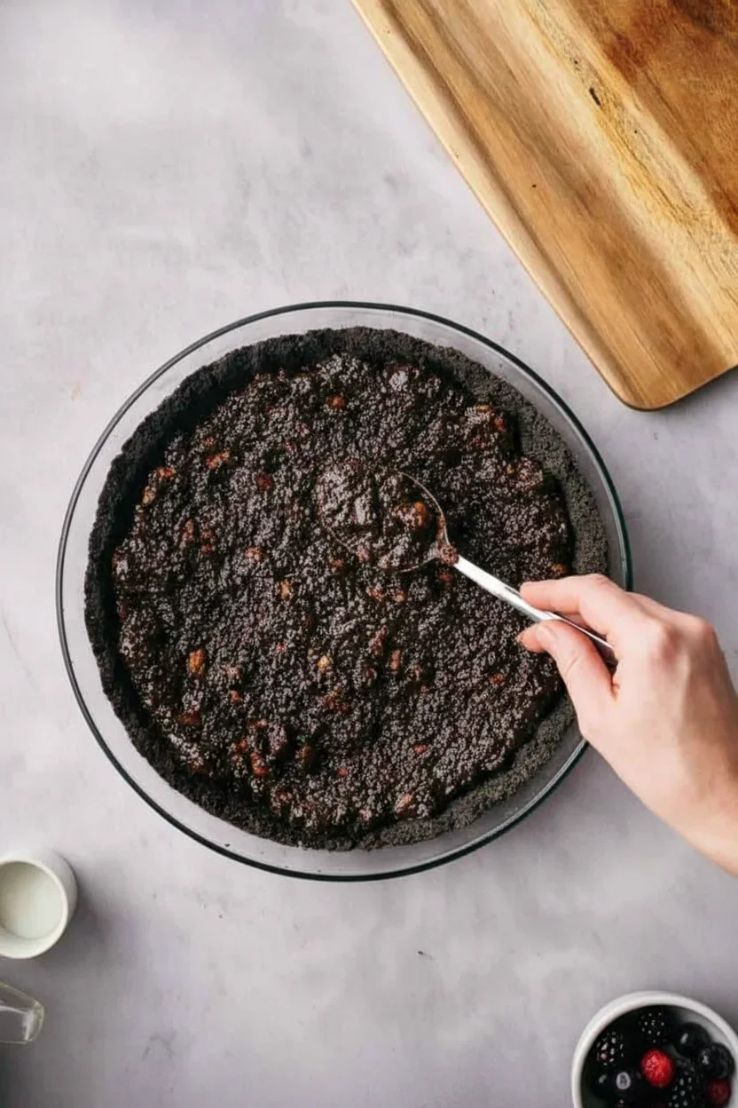 Mississippi-mud-pie-5-681x1024.jpg A glass dish filled with glossy, chunky berry filling, with a hand holding a spoon about to serve.